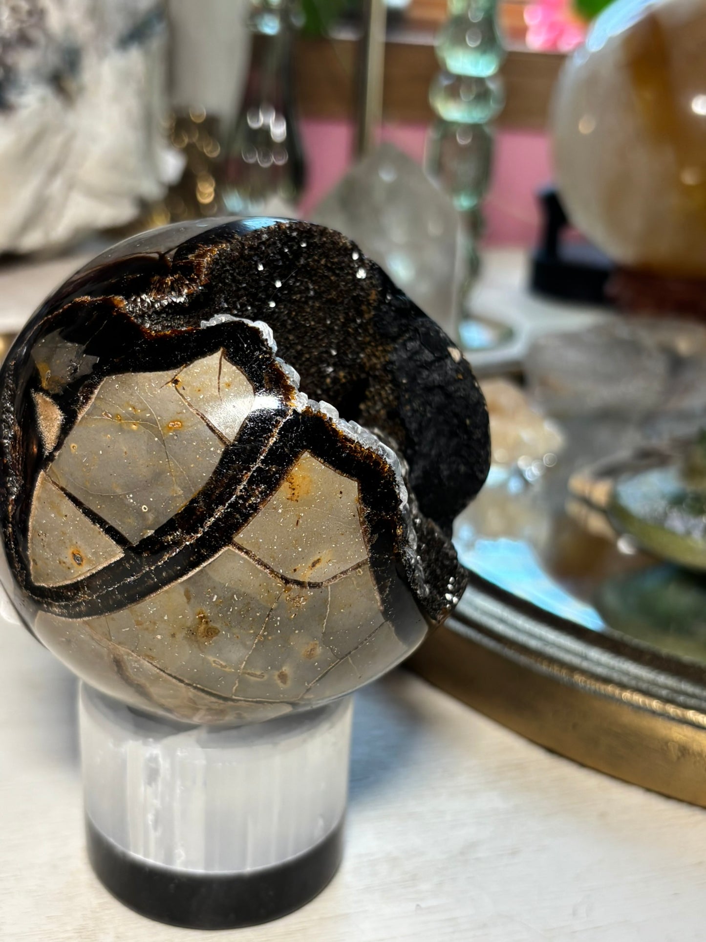 Septarian Druzy Sphere with Quartz point | Madagascar