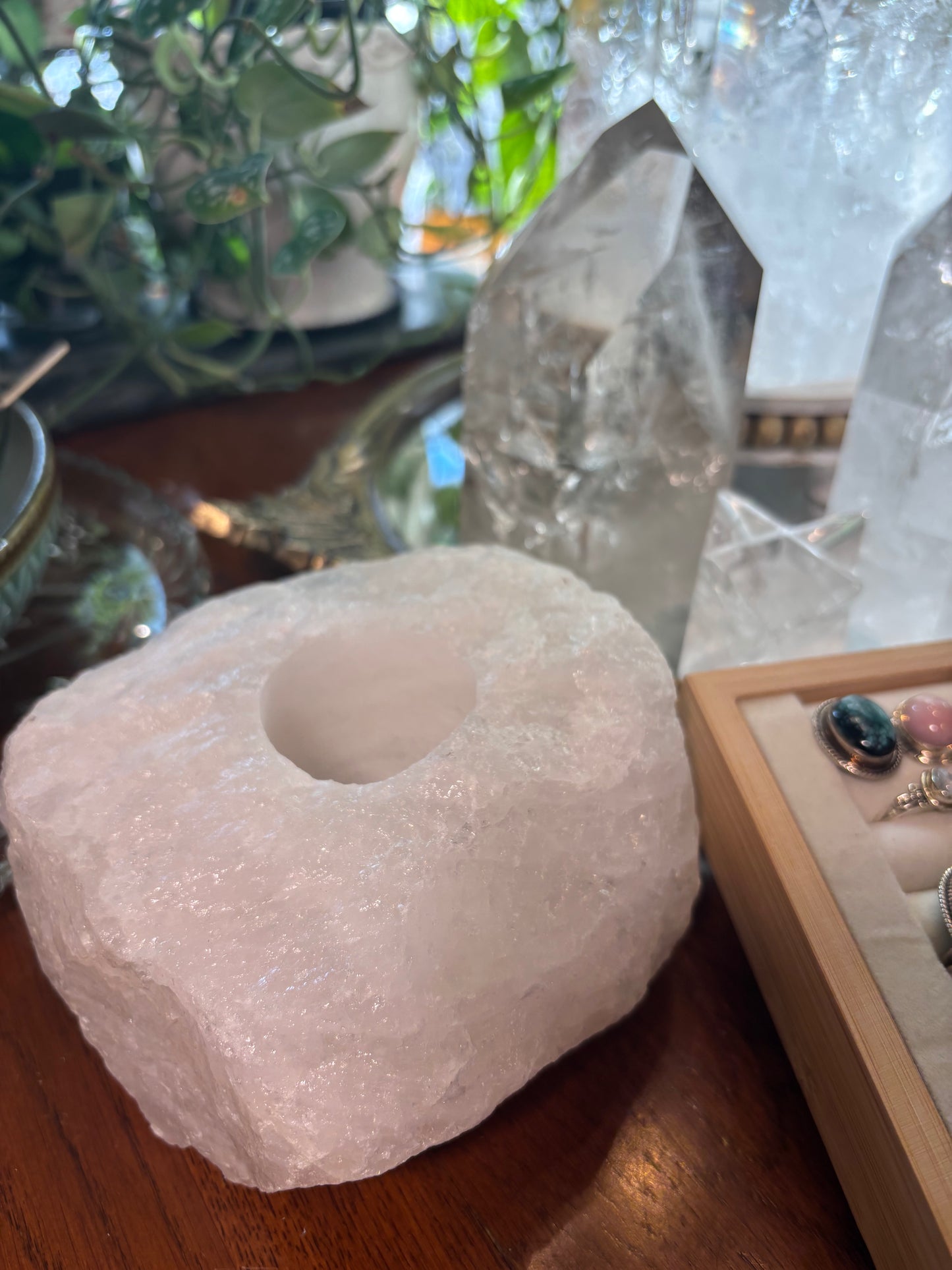 Natural Clear Quartz or Rose Quartz | Tea Light Holder