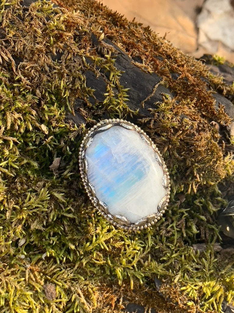 Rainbow Moonstone ring - Tibetan Silver