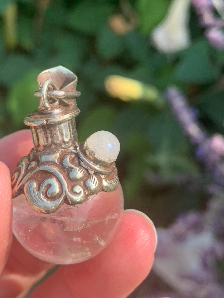 Clear Quartz - Moonstone  | Magic Potion Pot | LARGE pendant - Tibetan Silver