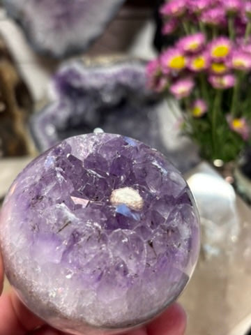 Amethyst Sphere with Banding and Sugar Druzy Calcite | Brazil