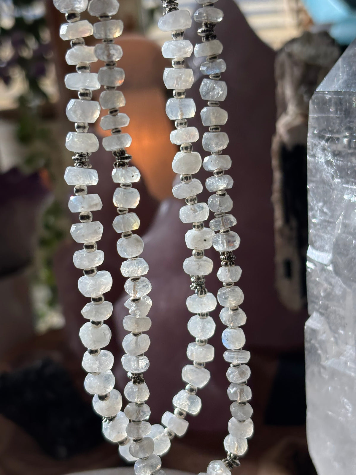 Rainbow Moonstone beaded necklace - Tibetan Silver