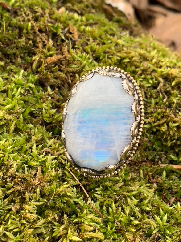 Rainbow Moonstone ring - Tibetan Silver