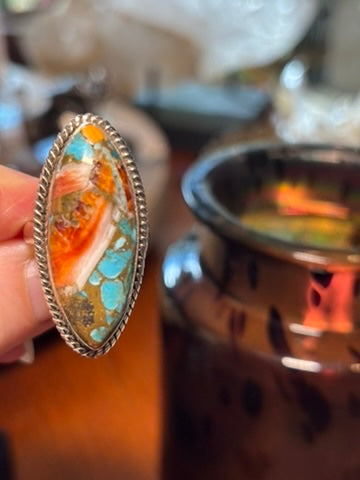 Spiny Oyster and Turquoise Rings with Copper