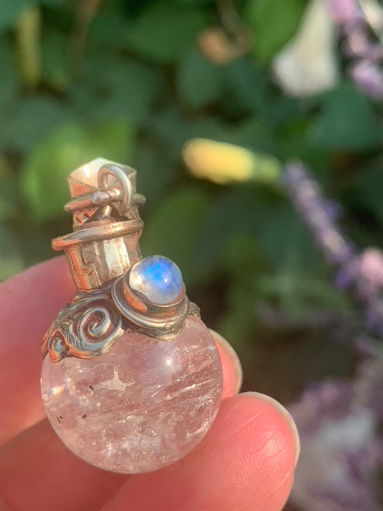 Clear Quartz - Moonstone  | Magic Potion Pot | MEDIUM pendant - Tibetan Silver