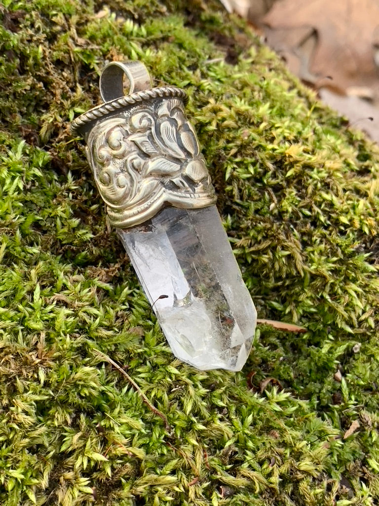 Clear Quartz pendant - Tibetan Silver