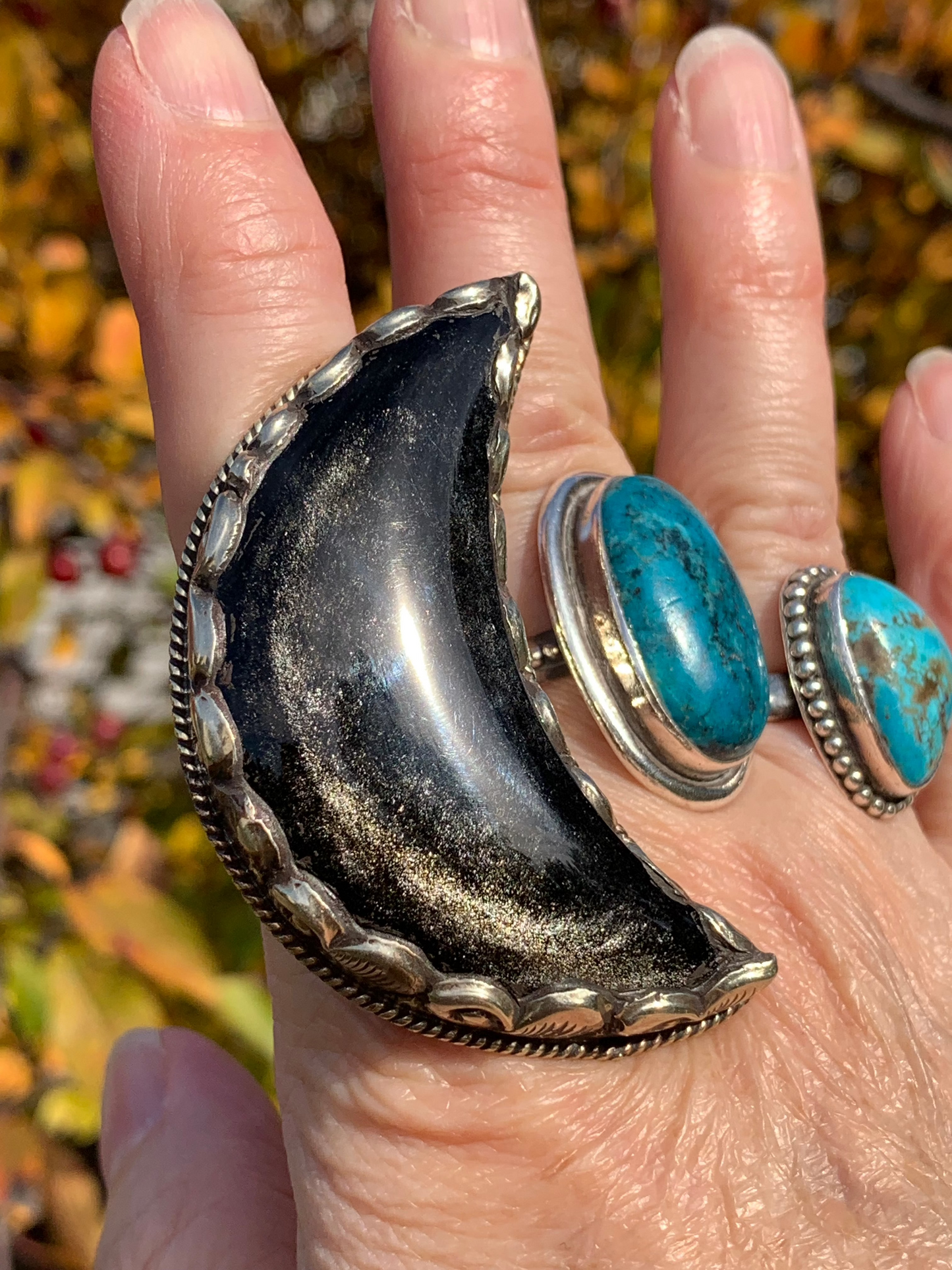 Silver Sheen Obsidian - Cresent Moon ring - Tibetan Silver