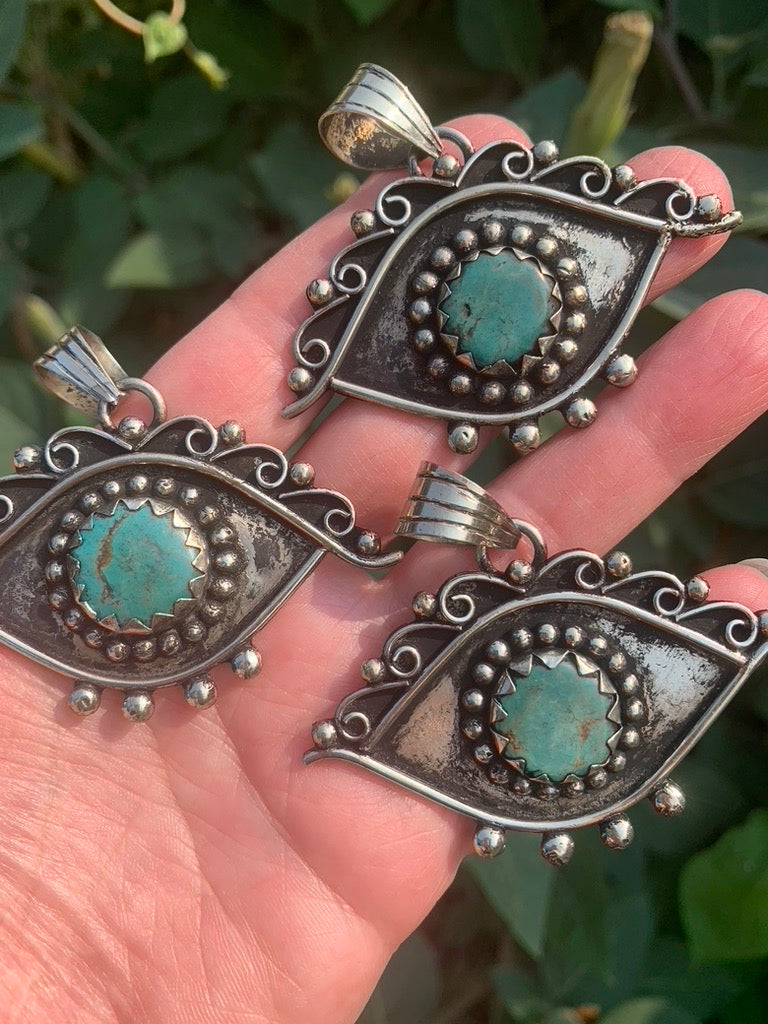 Turquoise Evil Eye pendant - Tibetan Silver