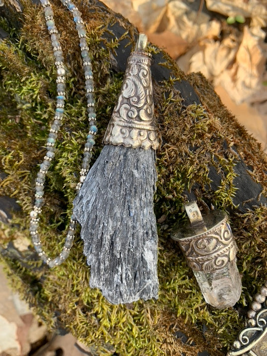 Black Kyanite pendant - Tibetan Silver