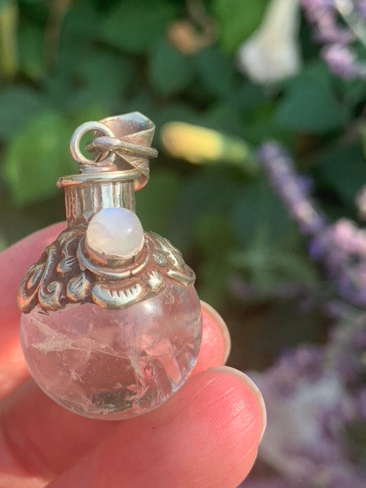 Clear Quartz - Moonstone  | Magic Potion Pot | LARGE pendant - Tibetan Silver