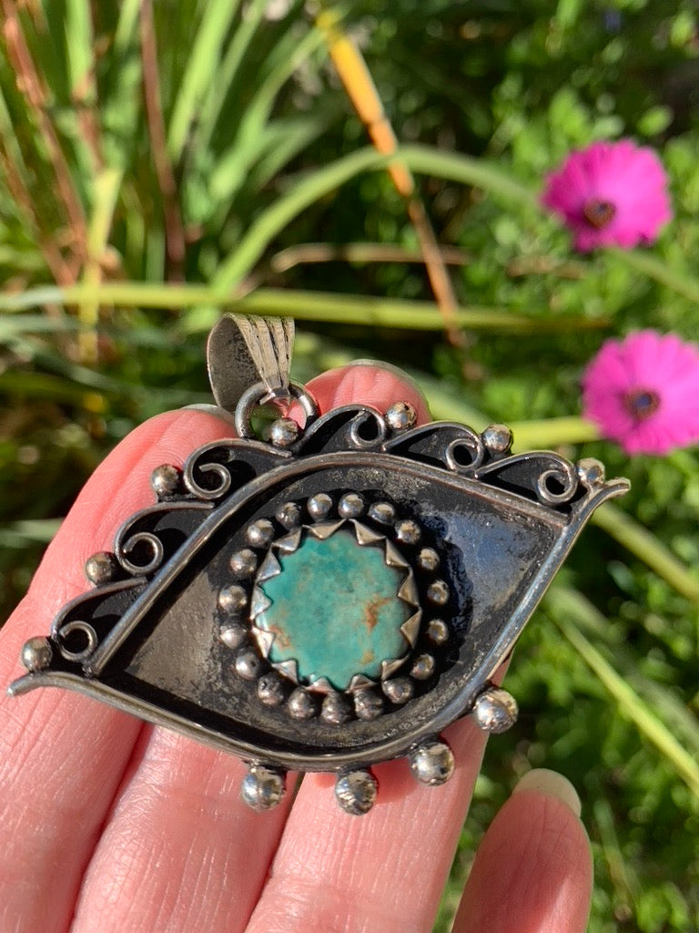 Turquoise Evil Eye pendant - Tibetan Silver