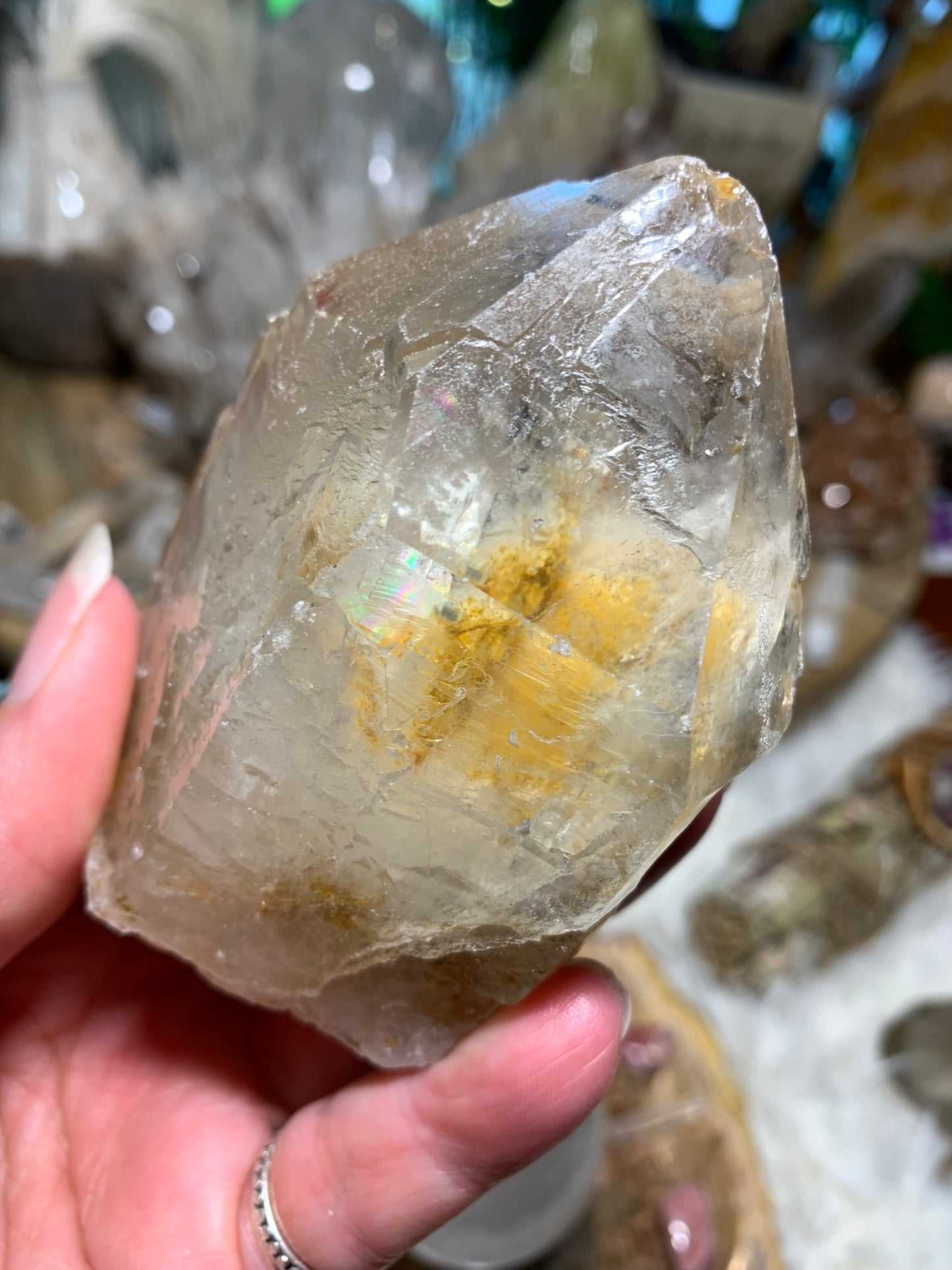 Rainbow Lemurian Smokey Quartz Point with inclusions