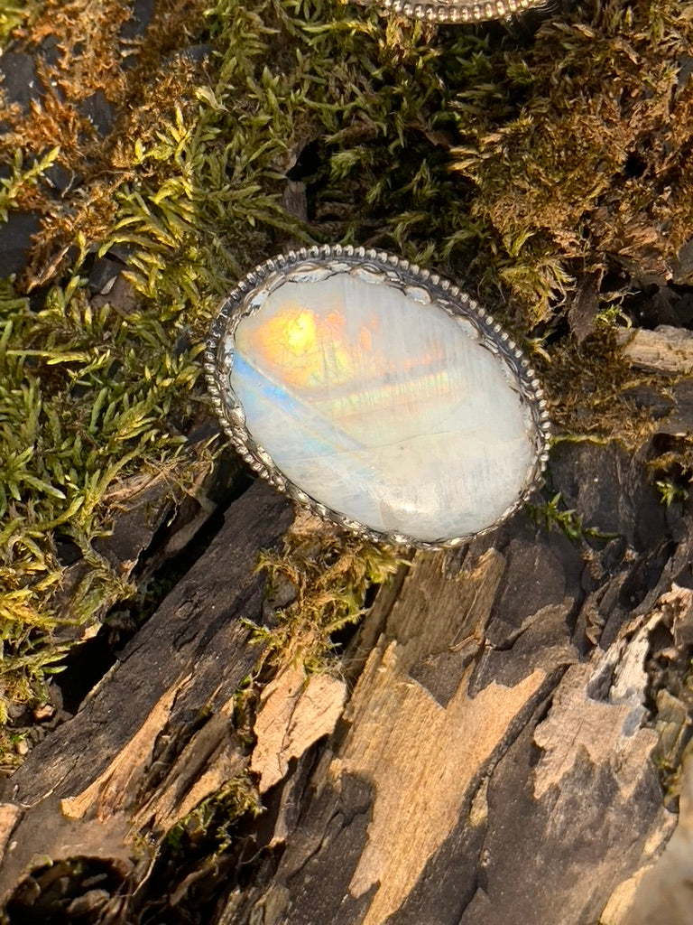 Rainbow Moonstone ring - Tibetan Silver