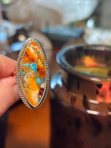 Spiny Oyster and Turquoise Rings with Copper