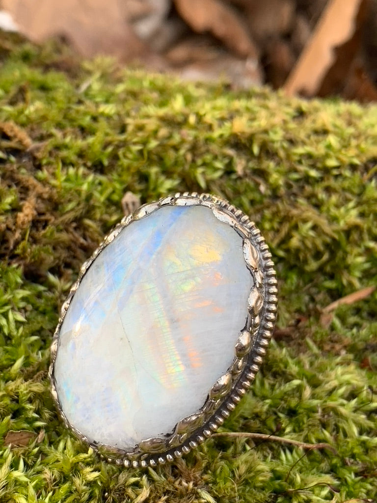 Rainbow Moonstone ring - Tibetan Silver