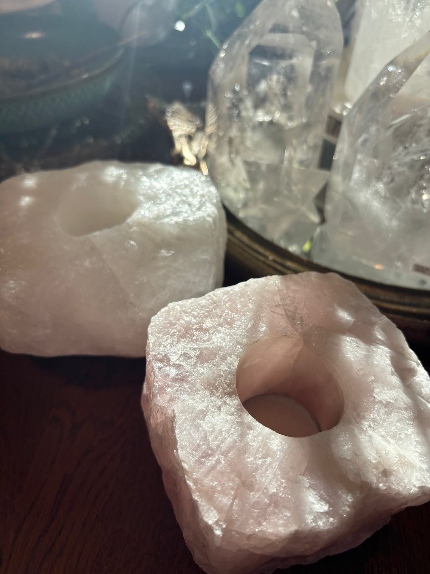 Natural Clear Quartz or Rose Quartz | Tea Light Holder