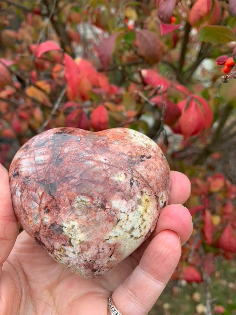 Red Moonstone Heart with Smokey Quartz and Fire Quartz