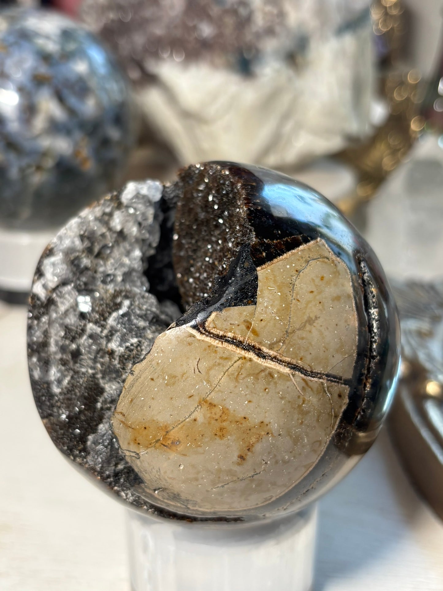 Septarian Druzy Sphere with Quartz point | Madagascar