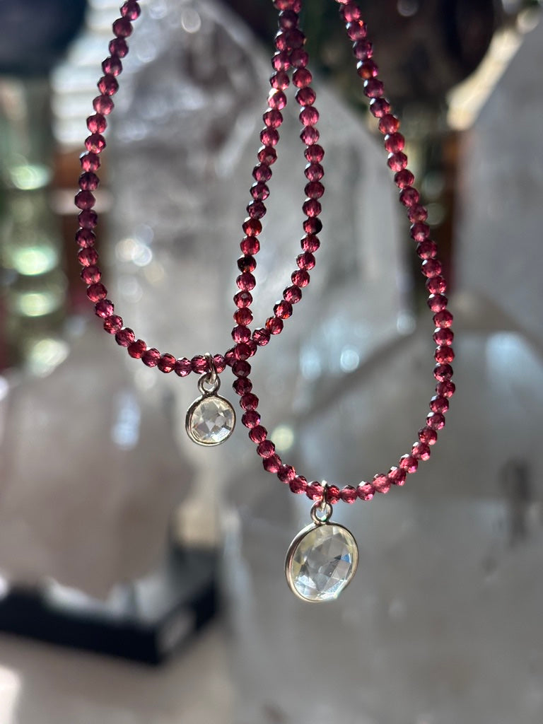 Sacred Flame - Rhodolite Garnet and Faceted Lemurian Quartz