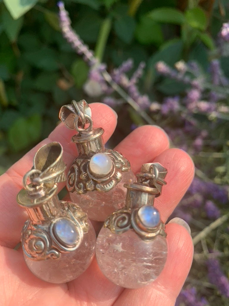 Clear Quartz - Moonstone  | Magic Potion Pot | MEDIUM pendant - Tibetan Silver