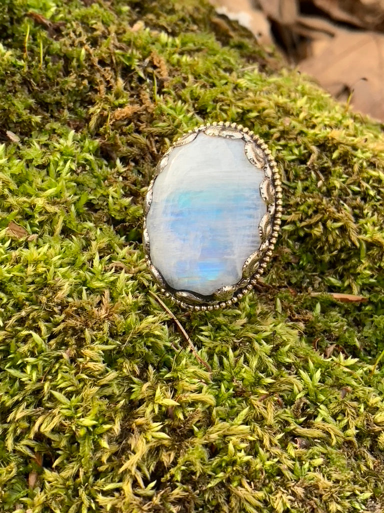 Rainbow Moonstone ring - Tibetan Silver