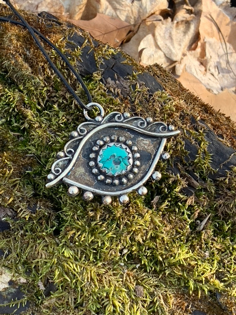 Turquoise Evil Eye pendant - Tibetan Silver