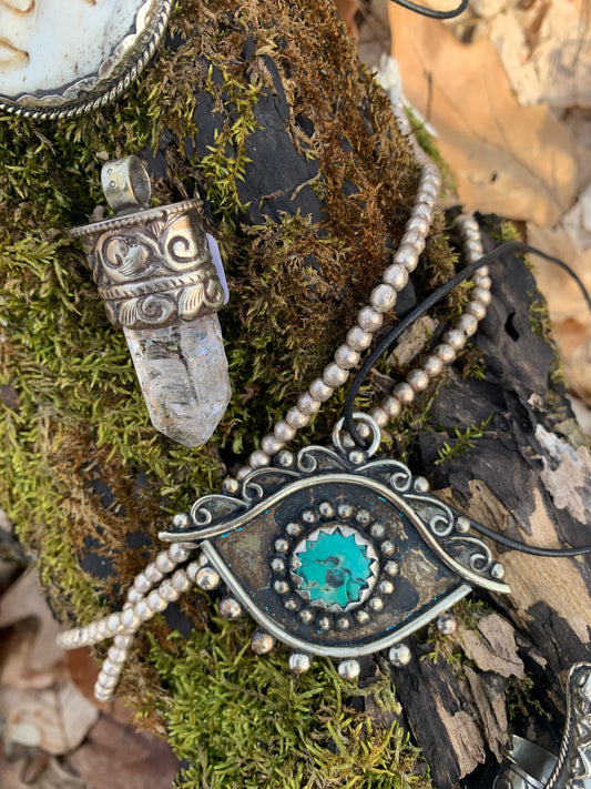 Turquoise Evil Eye pendant - Tibetan Silver