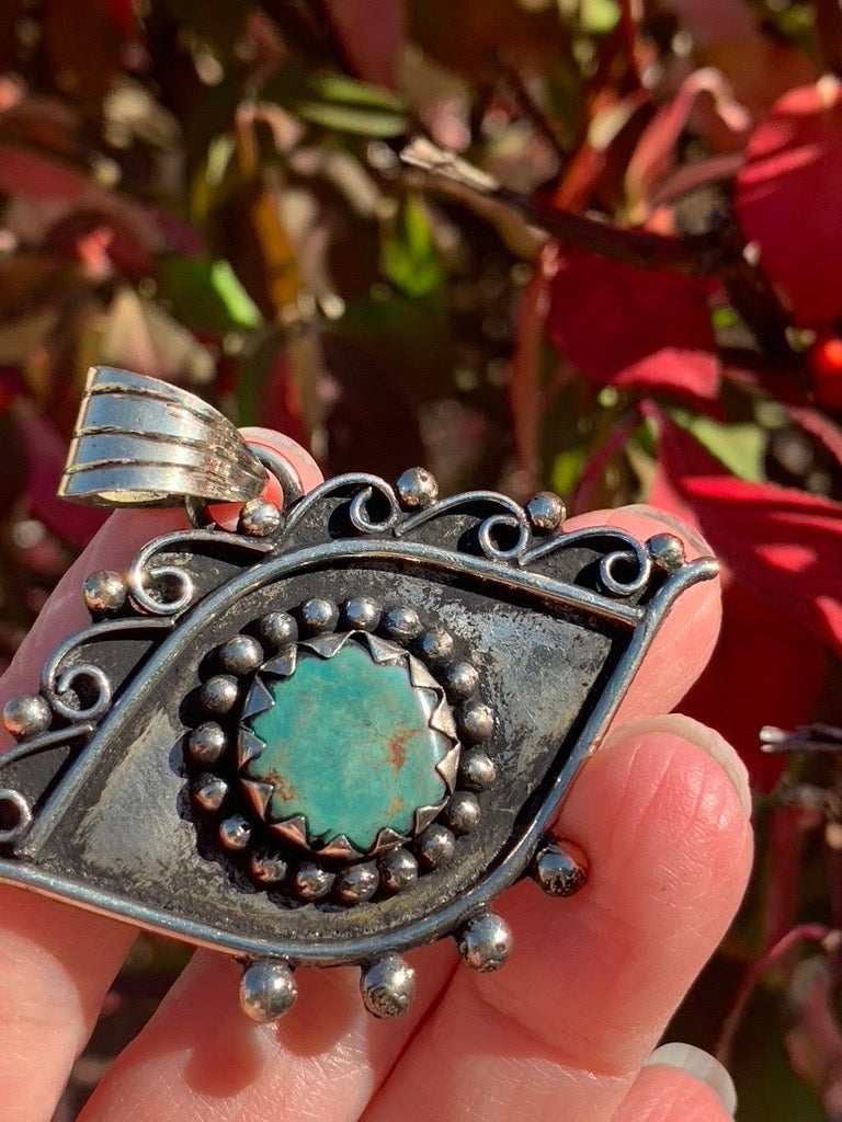 Turquoise Evil Eye pendant - Tibetan Silver