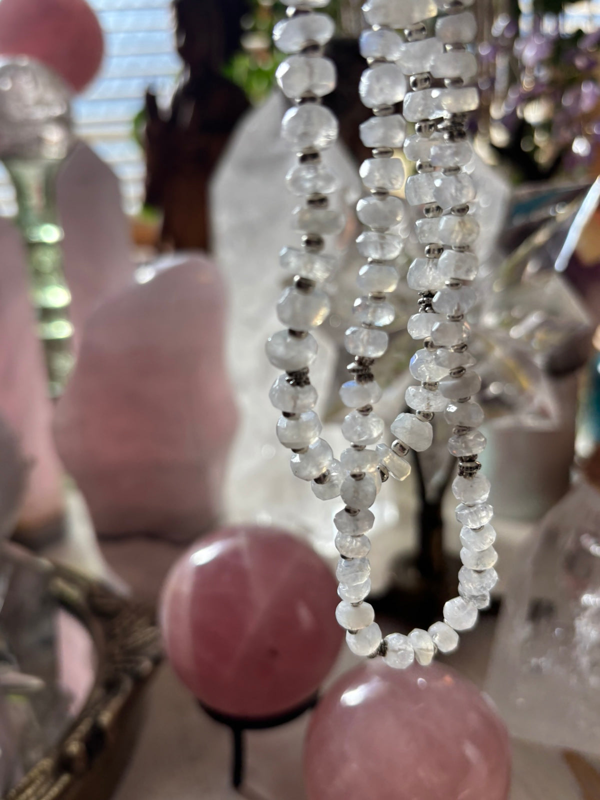 Rainbow Moonstone beaded necklace - Tibetan Silver
