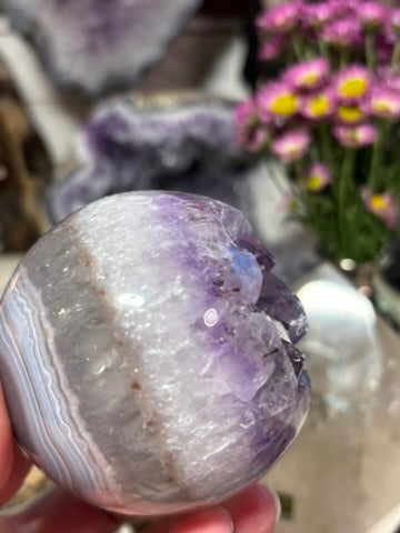 Amethyst Sphere with Banding and Sugar Druzy Calcite | Brazil