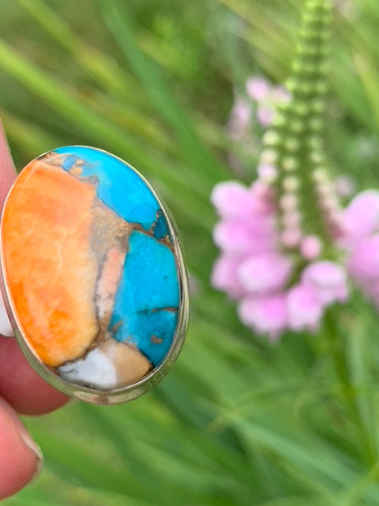 Spiny Oyster and Turquoise Ring size 8