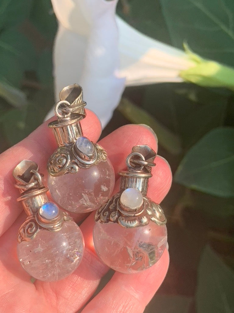 Clear Quartz - Moonstone  | Magic Potion Pot | LARGE pendant - Tibetan Silver