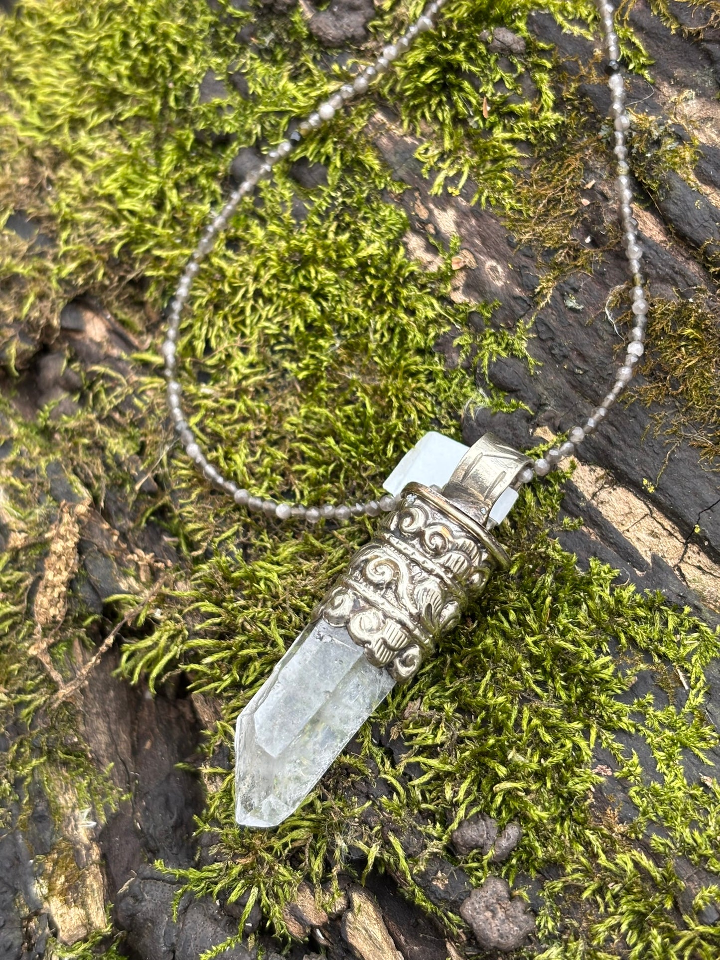 Clear Quartz pendant - Tibetan Silver