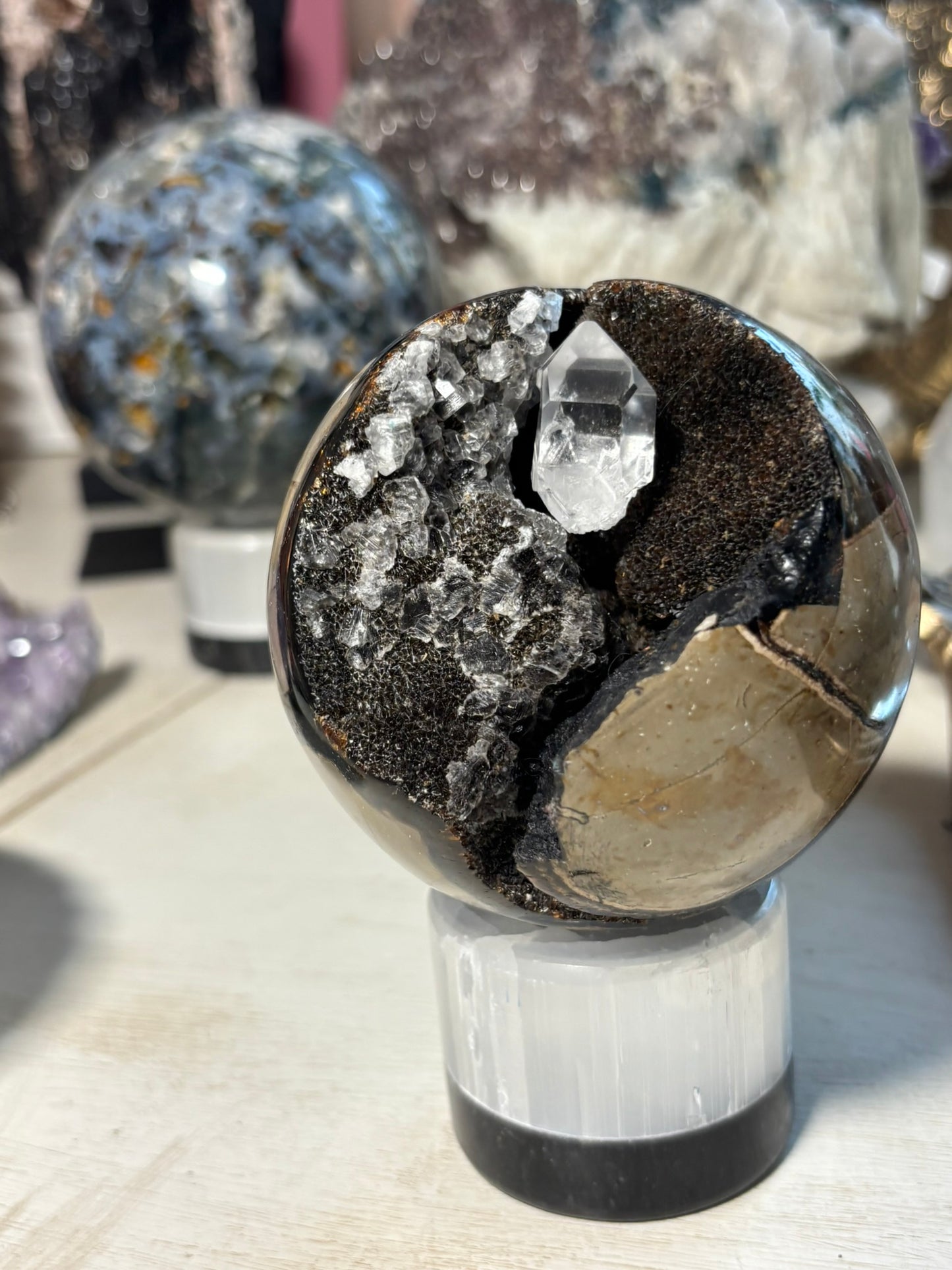 Septarian Druzy Sphere with Quartz point | Madagascar