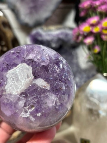 Amethyst Sphere with Banding and Sugar Druzy Calcite | Brazil