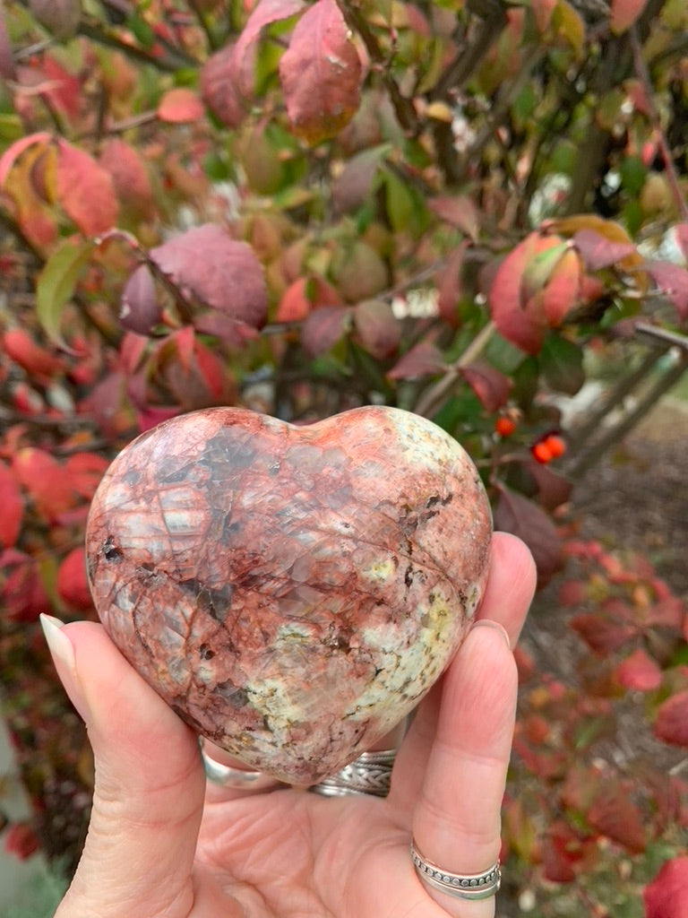 Red Moonstone Heart with Smokey Quartz and Fire Quartz