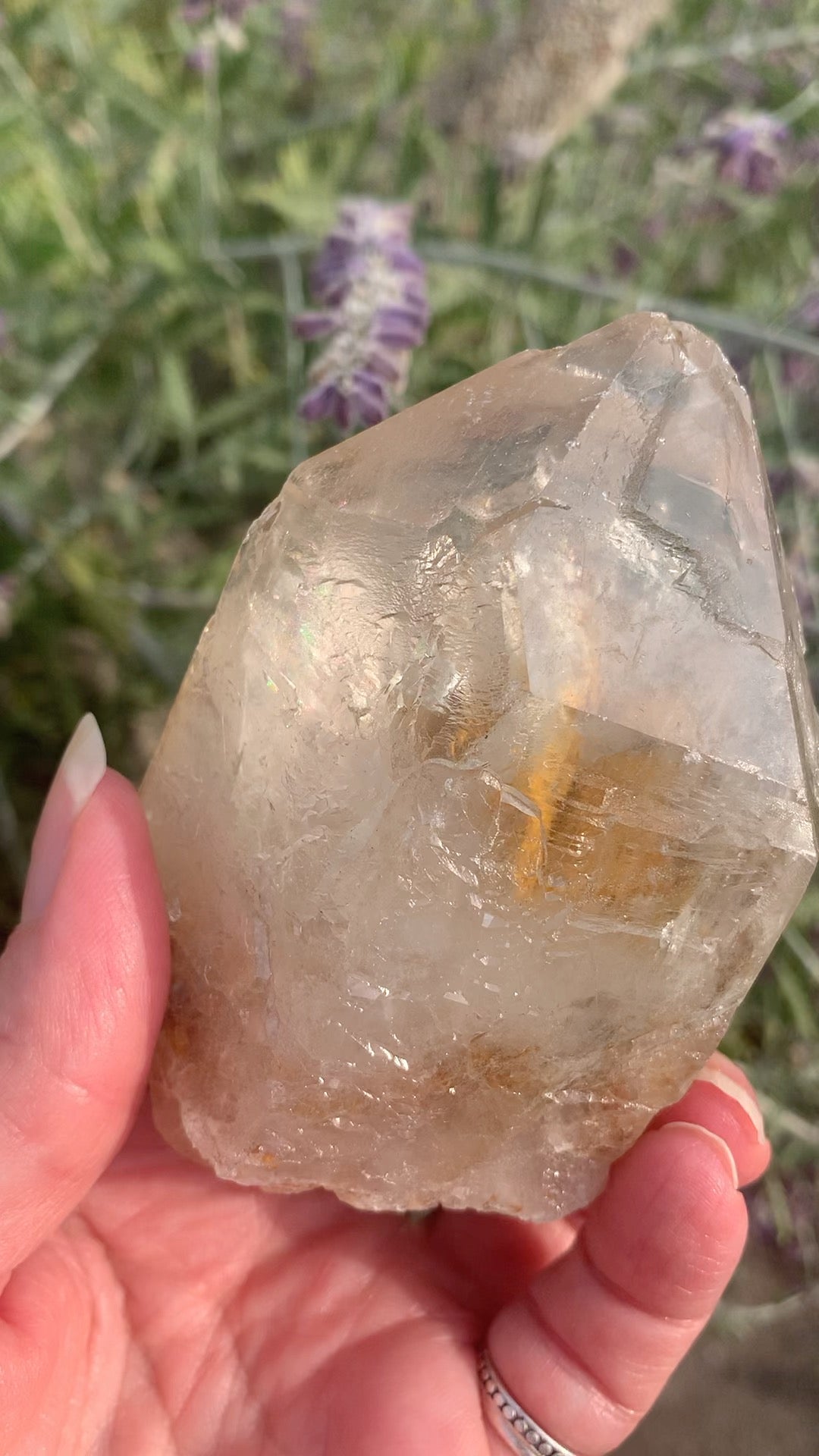 Rainbow Lemurian Smokey Quartz Point with inclusions