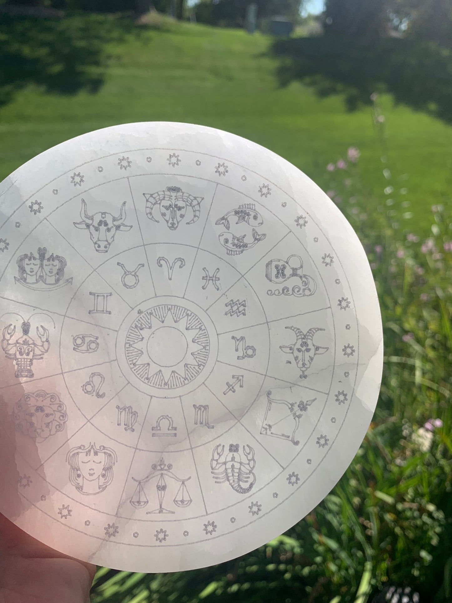 Selenite Zodiac Wheel LARGE | Charging Plate - Grid