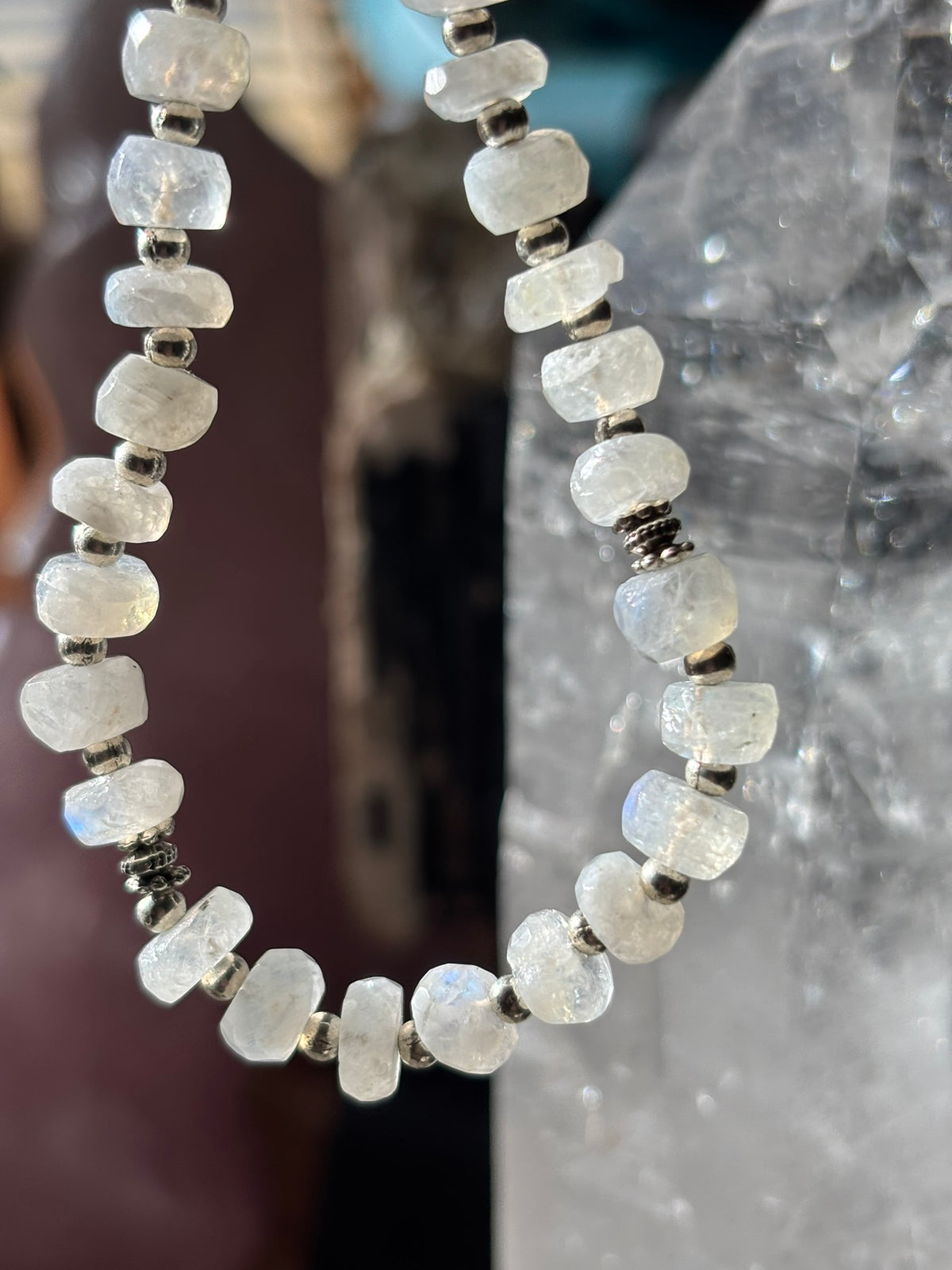 Rainbow Moonstone beaded necklace - Tibetan Silver