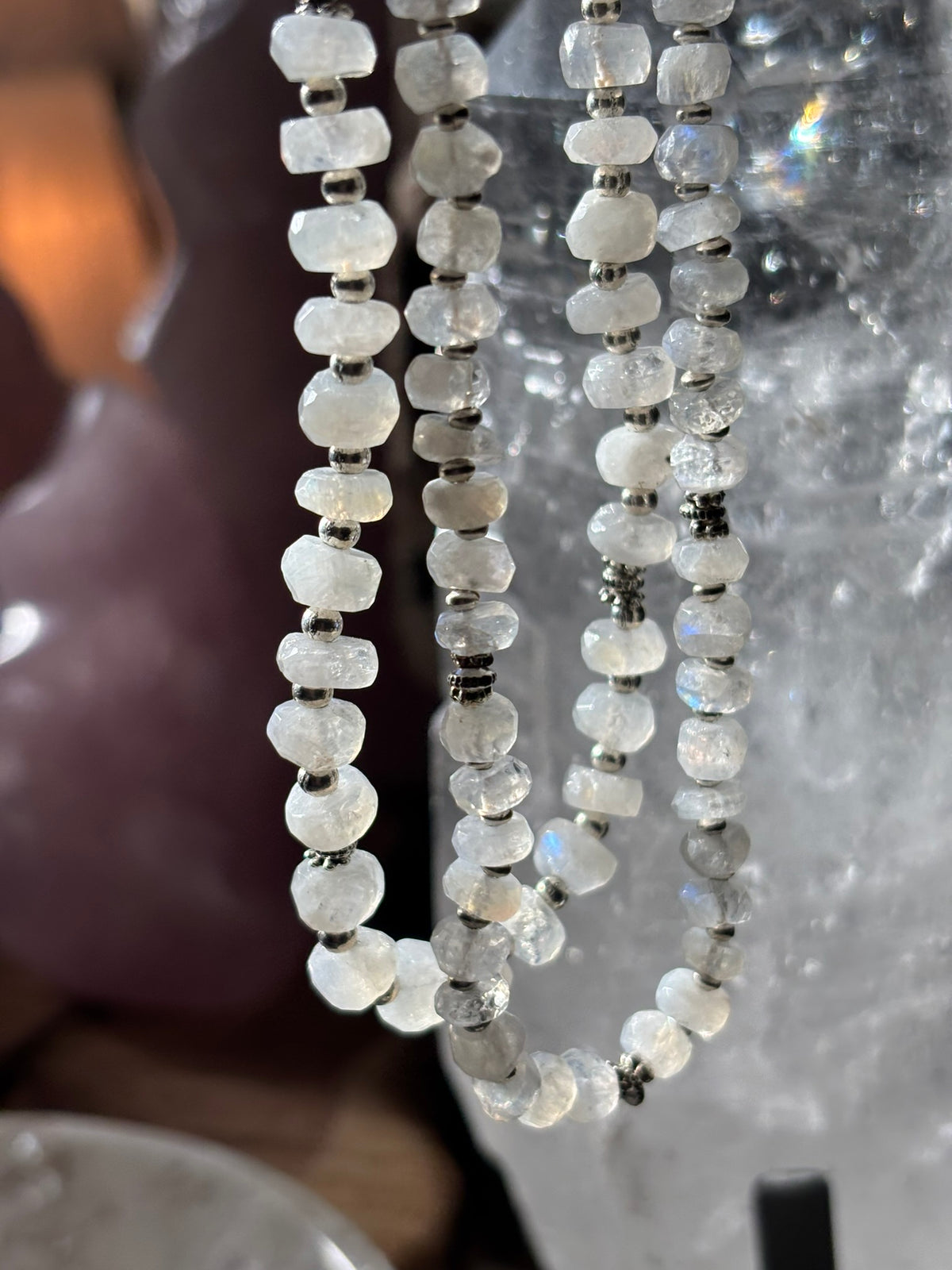 Rainbow Moonstone beaded necklace - Tibetan Silver