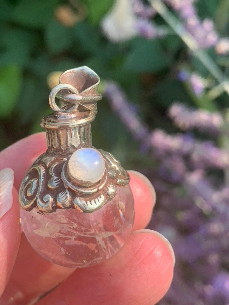 Clear Quartz - Moonstone  | Magic Potion Pot | LARGE pendant - Tibetan Silver