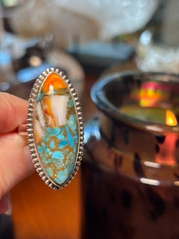 Spiny Oyster and Turquoise Rings with Copper
