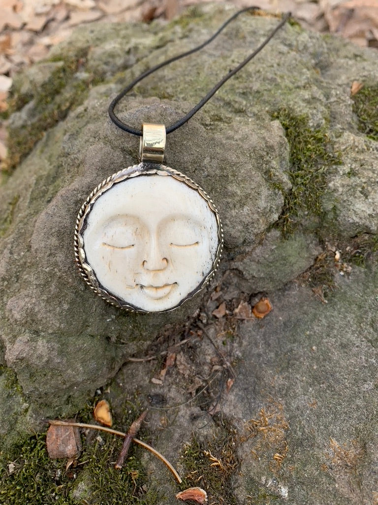 Buffalo Bone - FULL Moon pendant - Tibetan Silver