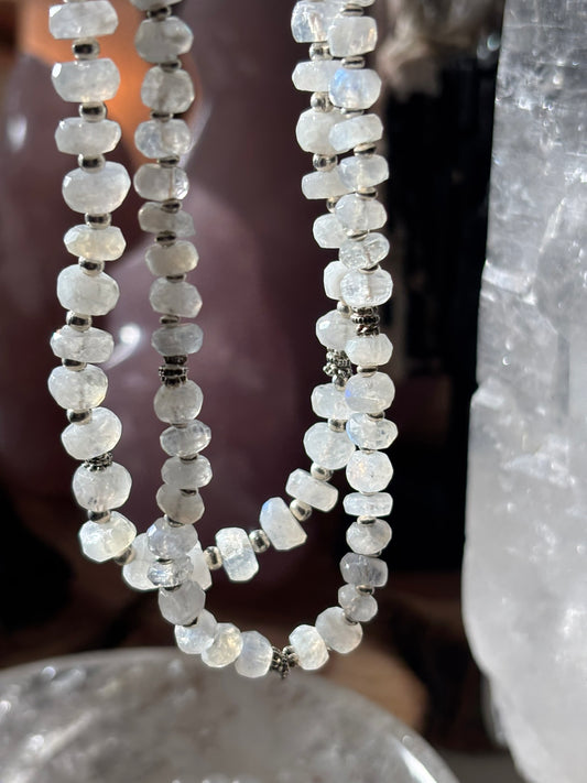 Rainbow Moonstone beaded necklace - Tibetan Silver