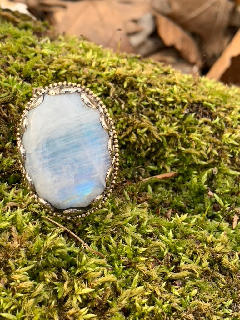 Rainbow Moonstone ring - Tibetan Silver