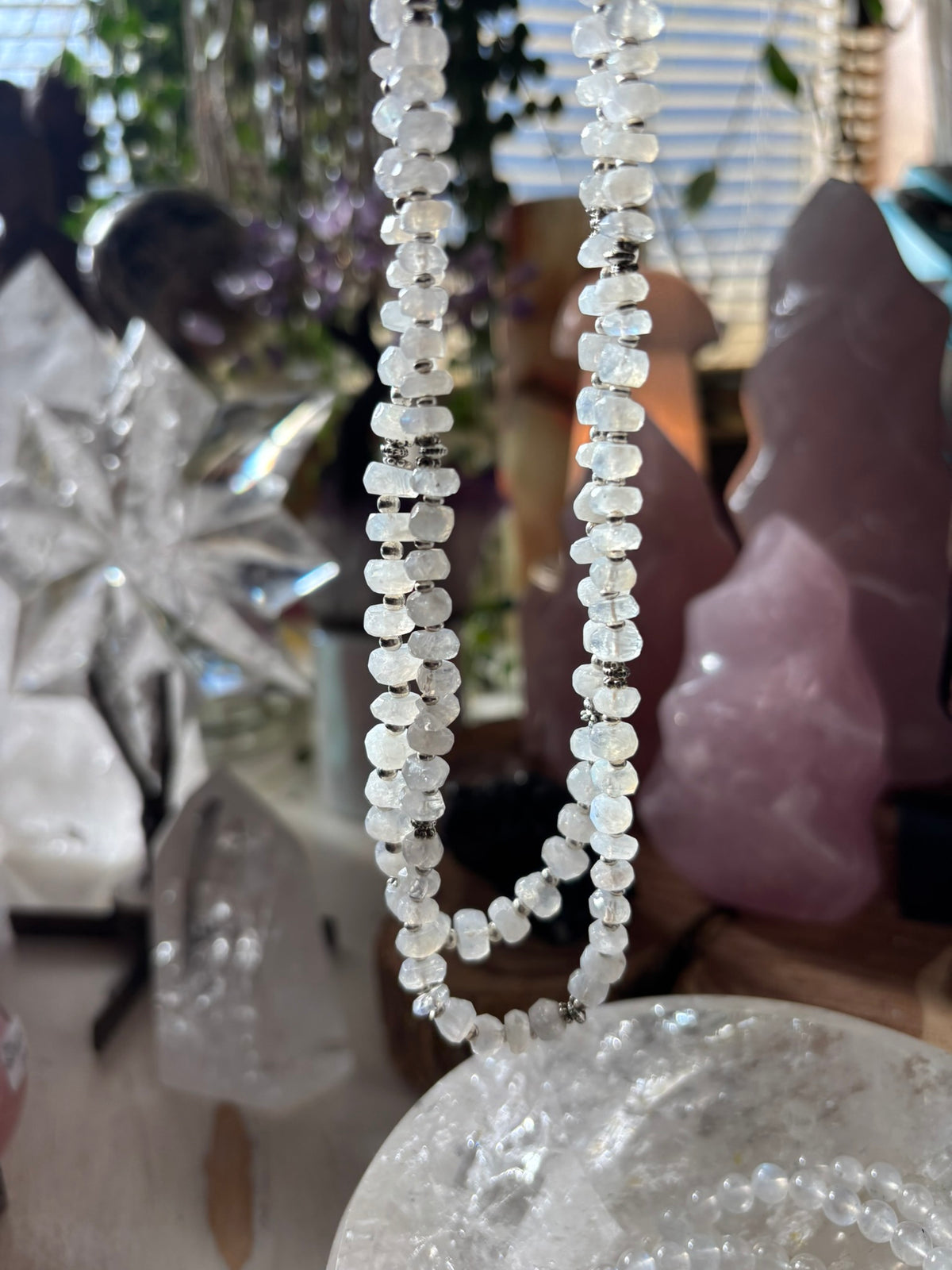 Rainbow Moonstone beaded necklace - Tibetan Silver