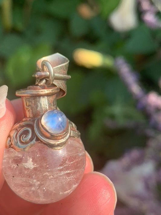 Clear Quartz - Moonstone  | Magic Potion Pot | MEDIUM pendant - Tibetan Silver