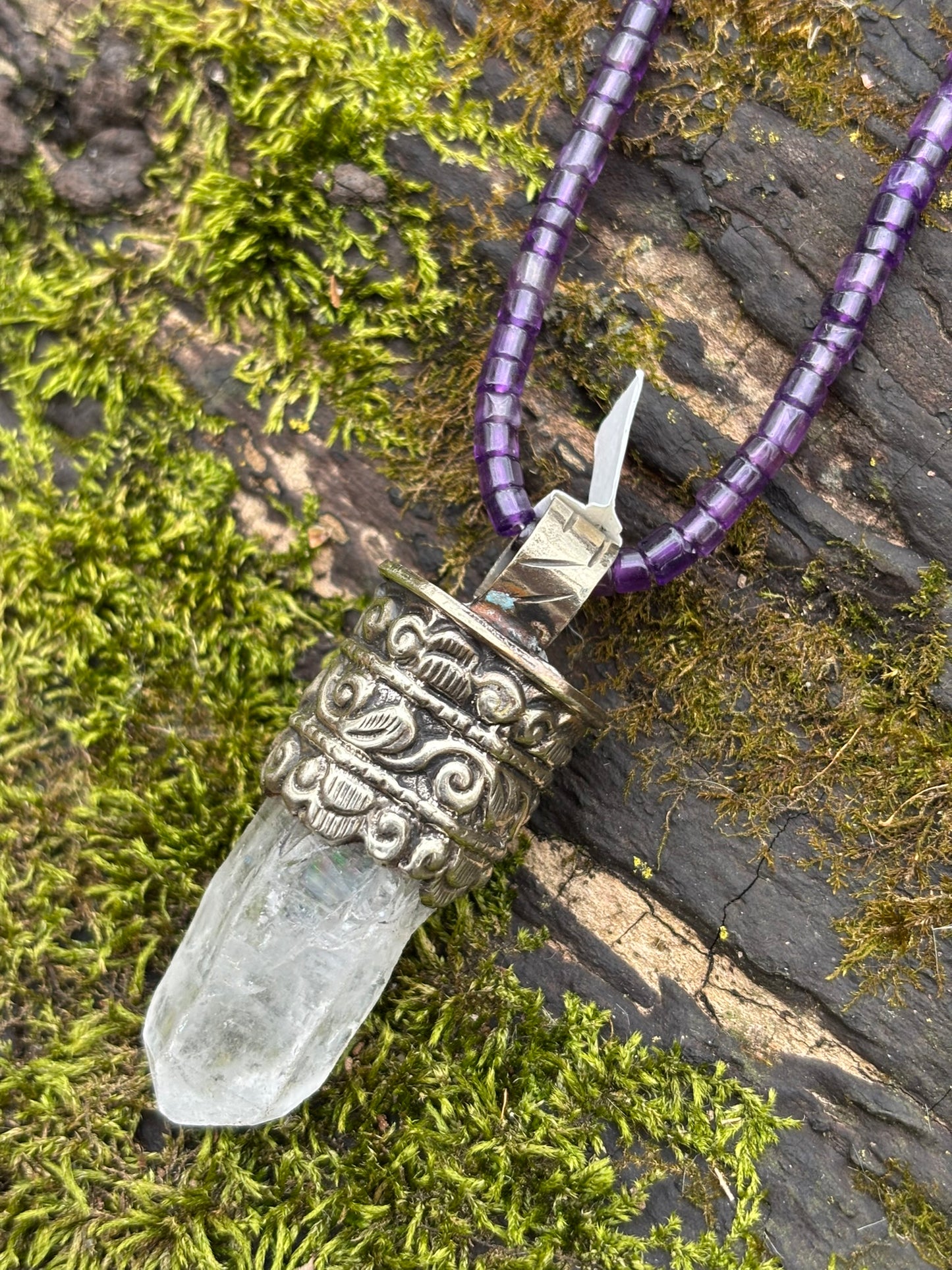 Clear Quartz pendant - Tibetan Silver