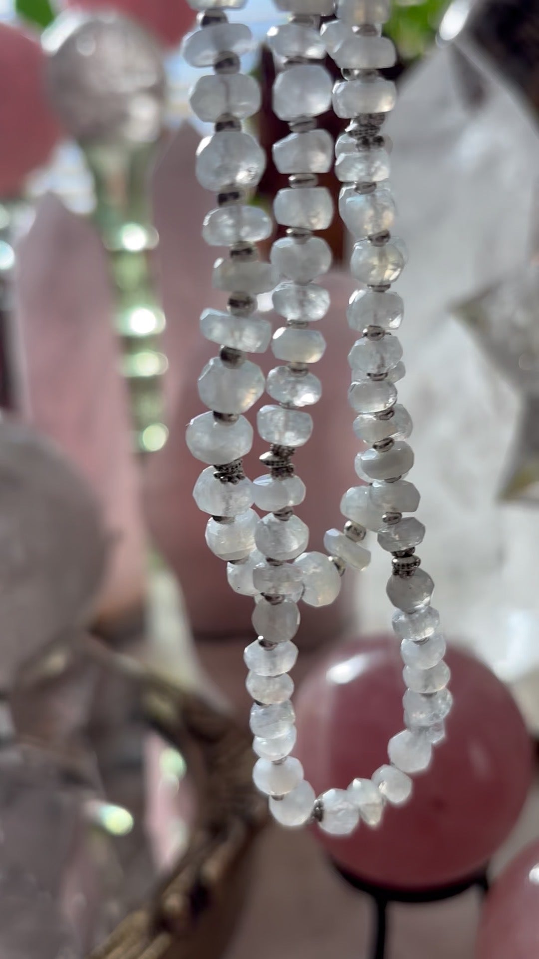 Rainbow Moonstone beaded necklace - Tibetan Silver