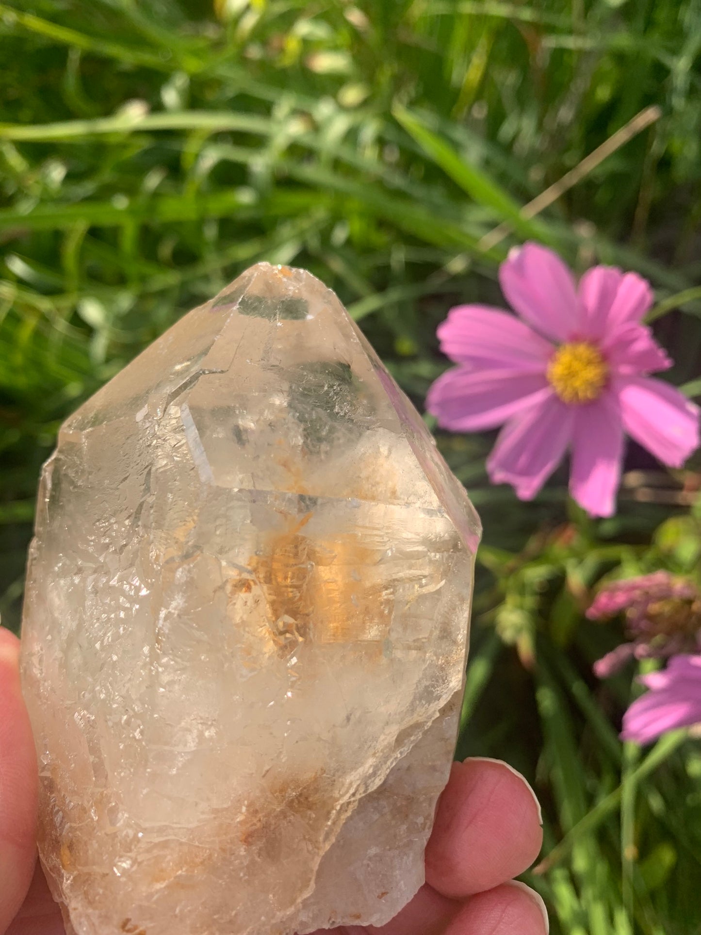 Rainbow Lemurian Smokey Quartz Point with inclusions